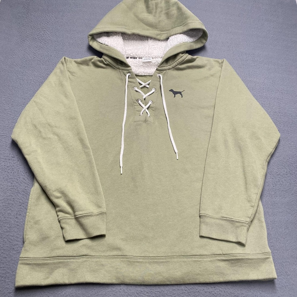 PINK Victoria's Secret Hoodie Sweatshirt Womens XL Green Lace Up Sherpa‎ Lined